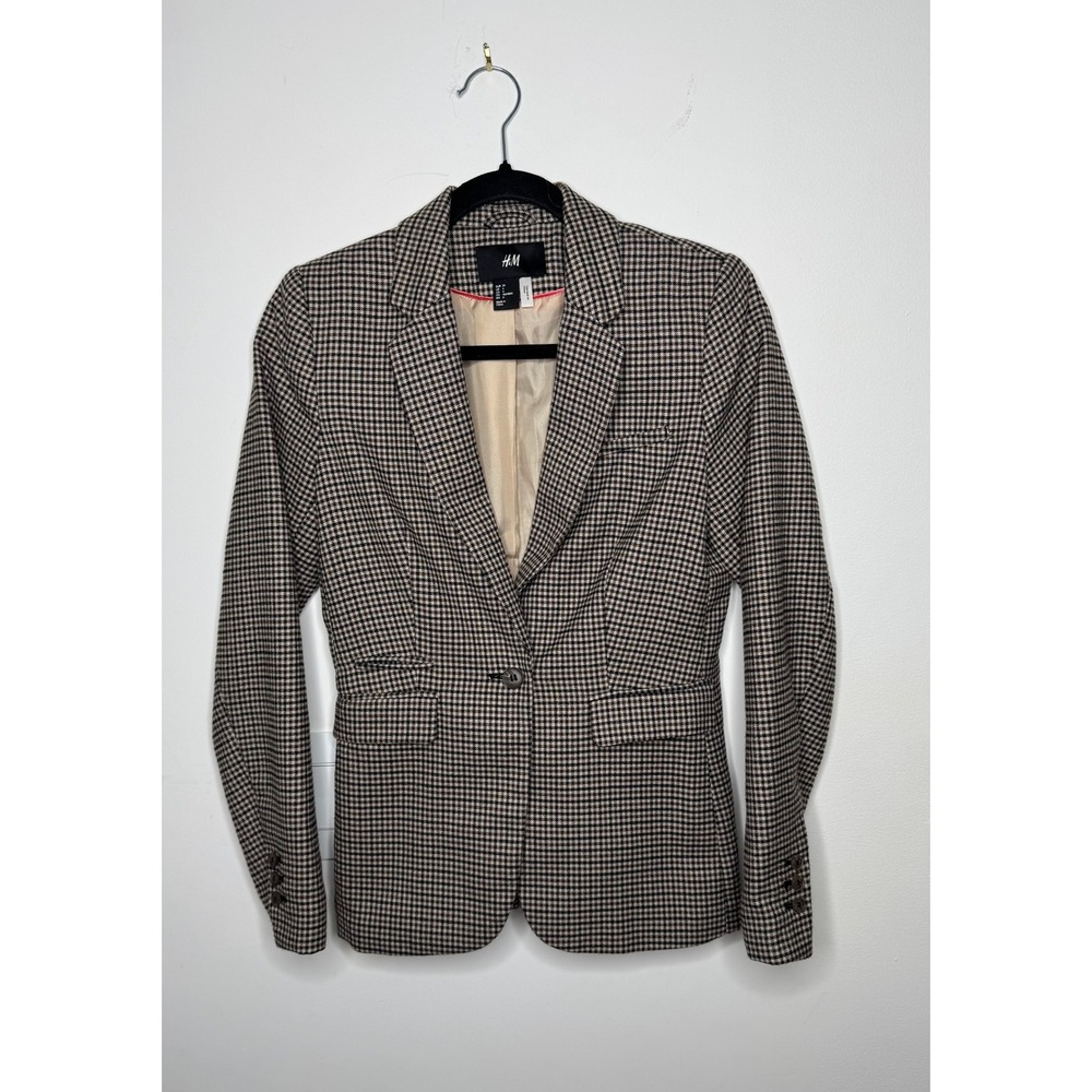 H&M Women's Size 4 Houndstooth Plaid Blazer Brown Beige One Button Tailored